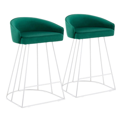 Lumisource Canary Upholstered Fixed-Height Counter Stool in Silver Steel and Green Velvet - Set of 2