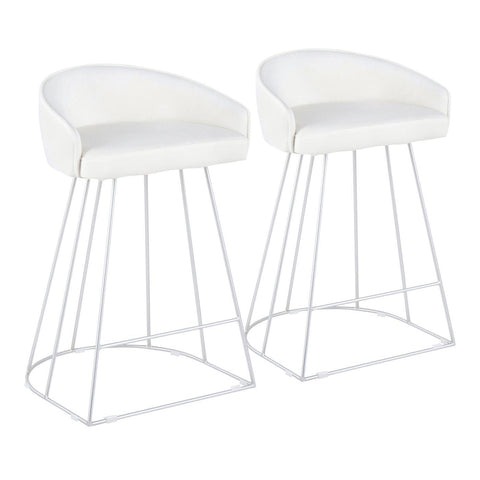 Lumisource Canary Upholstered Fixed-Height Counter Stool in Silver Steel and White Velvet - Set of 2
