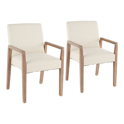 Lumisource Carmen Contemporary Arm Chair in White Washed Wood and Beige Fabric - Set of 2