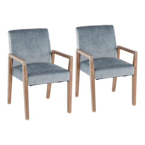 Lumisource Carmen Contemporary Arm Chair in White Washed Wood and Crushed Blue Velvet - Set of 2