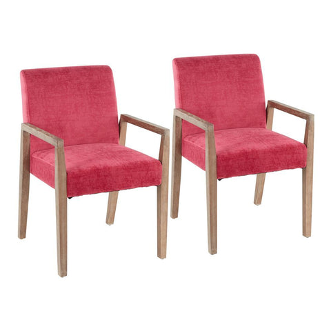 Lumisource Carmen Contemporary Arm Chair in White Washed Wood and Crushed Hot Pink Velvet - Set of 2