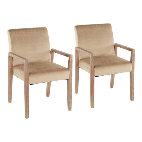 Lumisource Carmen Contemporary Arm Chair in White Washed Wood and Crushed Light Brown Velvet - Set of 2