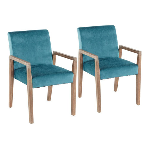 Lumisource Carmen Contemporary Arm Chair in White Washed Wood and Crushed Teal Velvet - Set of 2