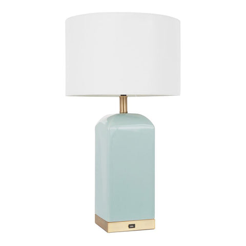 Lumisource Carmen Contemporary Table Lamp in Green Ceramic with White Shade and Antique Brass Accent
