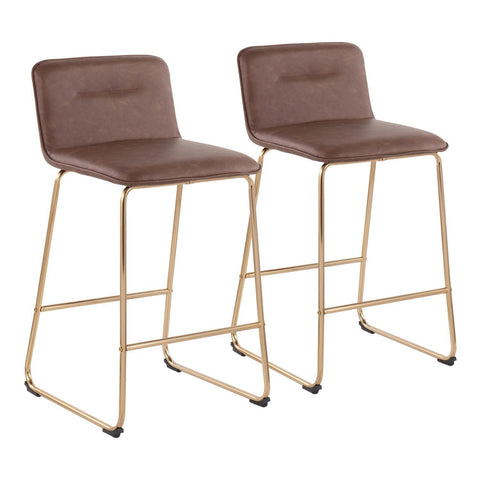 Lumisource Casper Fixed-Height Contemporary Counter Stool in Gold Metal and Espresso Faux Leather - Set of 2