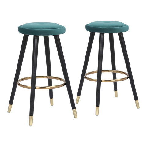 Lumisource Cavalier Glam Counter Stool in Black Wood and Green Velvet with Gold Accent - Set of 2