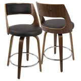 Lumisource Cecina Mid-Century Modern Counter Stool with Swivel in Walnut and Brown Faux Leather - Set of 2