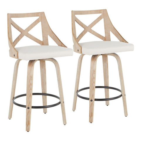 Lumisource Charlotte Farmhouse Counter Stool in White Washed Wood and Cream Fabric - Set of 2