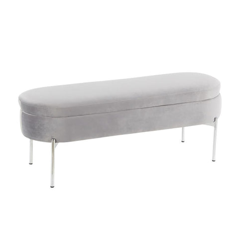 Lumisource Chloe Contemporary/Glam Storage Bench in Chrome Metal and Grey Velvet