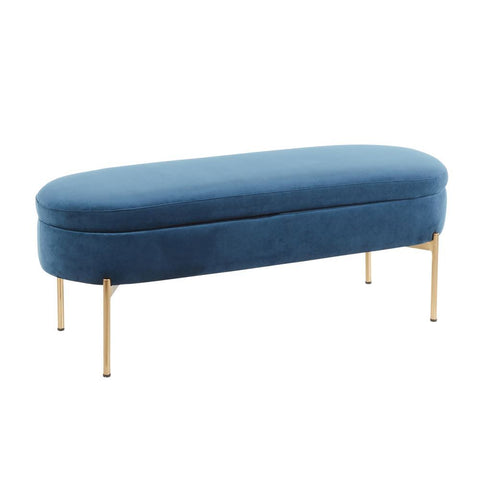 Lumisource Chloe Contemporary/Glam Storage Bench in Gold Metal and Blue Velvet
