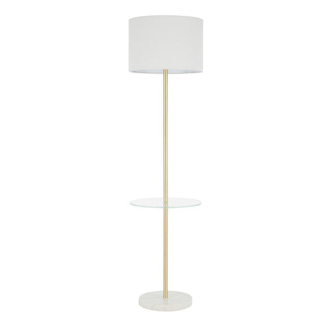 Lumisource Chloe Contemporary Shelf Floor Lamp in White Marble Base, Clear Glass Shelf and White Linen Shade