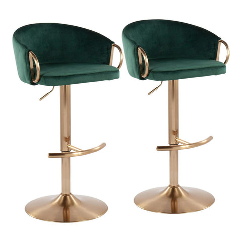 Lumisource Claire Contemporary/Glam Adjustable Bar Stool in Gold Steel with Rounded T Footrest and Green Velvet - Set of 2
