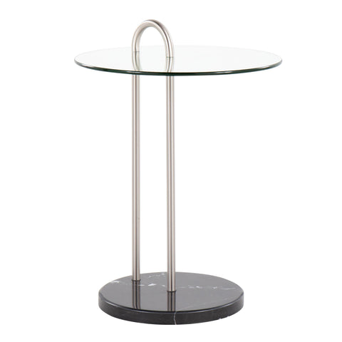 Lumisource Claire Contemporary/Glam Side Table in Black Marble and Brushed Nickel with Clear Glass Top