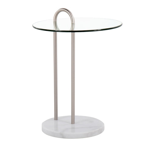 Lumisource Claire Contemporary/Glam Side Table in White Marble and Brushed Nickel with Clear Glass Top