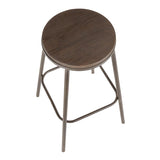Lumisource Clara Industrial Round Barstool in Antique Metal and Espresso Wood-Pressed Grain Bamboo - Set of 2