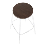 Lumisource Clara Industrial Round Barstool in Vintage White Metal and Espresso Wood-Pressed Grain Bamboo - Set of 2