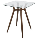 Lumisource Clara Mid-Century Modern Square Counter Table with Walnut Metal Legs and Clear Glass Top