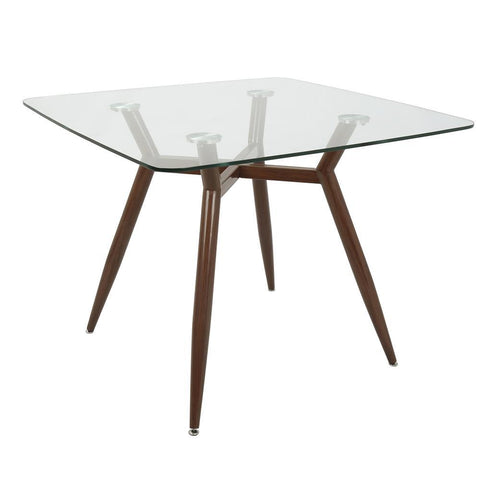 Lumisource Clara Mid-Century Modern Square Dining Table with Walnut Metal Legs and Clear Glass Top