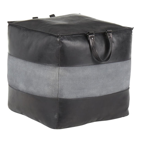 Lumisource Cobbler Industrial Pouf in Black Leather and Grey Canvas
