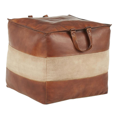 Lumisource Cobbler Industrial Pouf in Brown Leather and Tan Canvas