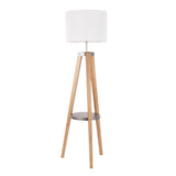 Lumisource Compass Mid-Century Modern Floor Lamp With Shelf in Natural Wood and White Linen