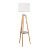 Lumisource Compass Mid-Century Modern Floor Lamp With Shelf in Natural Wood and White Linen