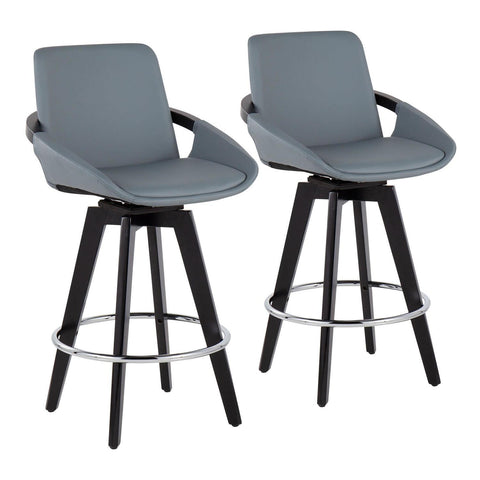 Lumisource Cosmo Contemporary Fixed-Height Counter Stool with Swivel in Black Wood with Round Chrome Metal Footrest and Grey Faux Leather Seat - Set of 2