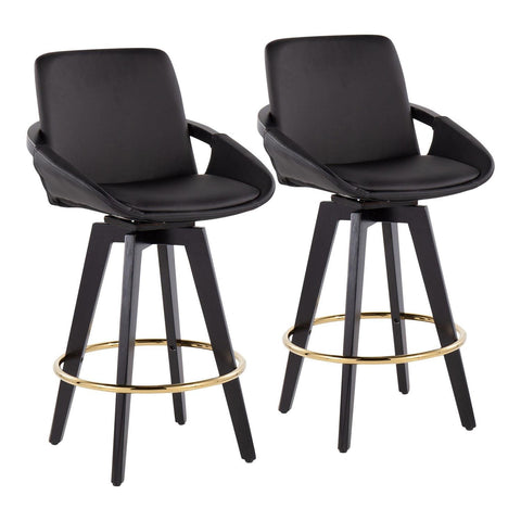 Lumisource Cosmo Contemporary Fixed-Height Counter Stool with Swivel in Black Wood with Round Gold Metal Footrest and Black Faux Leather Seat - Set of 2