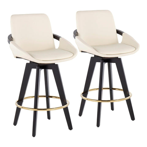 Lumisource Cosmo Contemporary Fixed-Height Counter Stool with Swivel in Black Wood with Round Gold Metal Footrest and Cream Faux Leather Seat - Set of 2