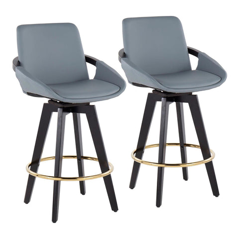 Lumisource Cosmo Contemporary Fixed-Height Counter Stool with Swivel in Black Wood with Round Gold Metal Footrest and Grey Faux Leather Seat - Set of 2