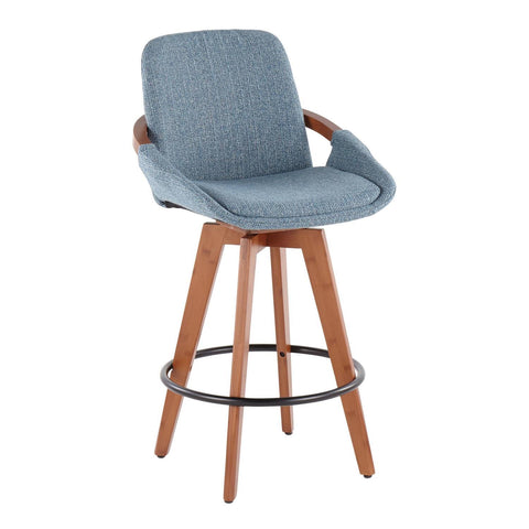 Lumisource Cosmo Mid-Century Counter Stool in Walnut and Blue Noise Fabric