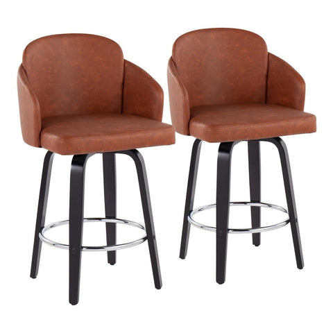 Lumisource Dahlia Contemporary Counter Stool in Black Wood and Camel Faux Leather with Round Chrome Footrest - Set of 2