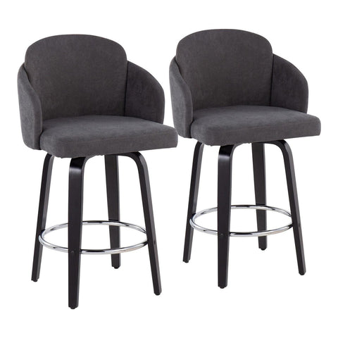Lumisource Dahlia Contemporary Counter Stool in Black Wood and Grey Fabric with Round Chrome Footrest - Set of 2