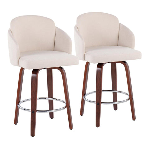 Lumisource Dahlia Contemporary Counter Stool in Walnut Wood and Cream Fabric with Round Chrome Footrest - Set of 2