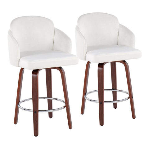 Lumisource Dahlia Contemporary Counter Stool in Walnut Wood and Cream Velvet with Round Chrome Footrest - Set of 2