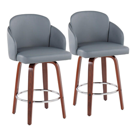 Lumisource Dahlia Contemporary Counter Stool in Walnut Wood and Grey Faux Leather with Round Chrome Footrest - Set of 2
