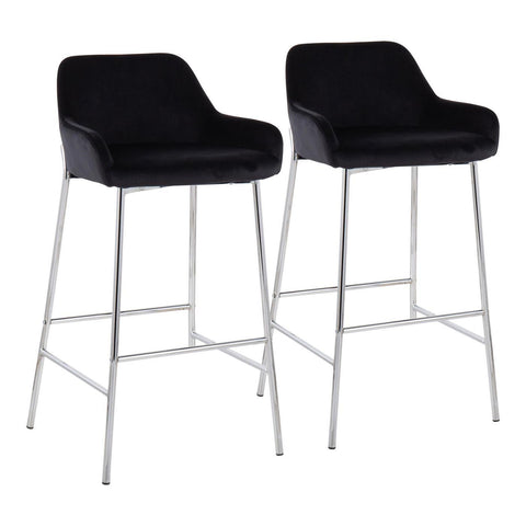 Lumisource Daniella Contemporary Fixed-Height Bar Stool in Chrome Metal and Black Velvet - Set of 2