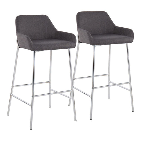 Lumisource Daniella Contemporary Fixed-Height Bar Stool in Chrome Metal and Charcoal Fabric - Set of 2