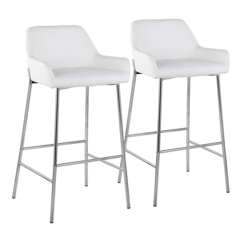 Lumisource Daniella Contemporary Fixed-Height Bar Stool in Chrome Metal and White Faux Leather - Set of 2