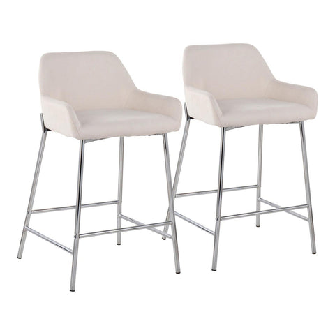 Lumisource Daniella Contemporary Fixed-Height Counter Stool in Chrome Metal and Cream Fabric - Set of 2