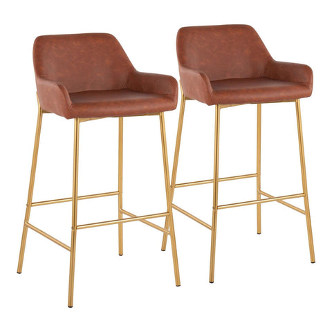 Lumisource Daniella Contemporary/Glam Fixed-Height Bar Stool in Gold Metal and Camel Faux Leather - Set of 2