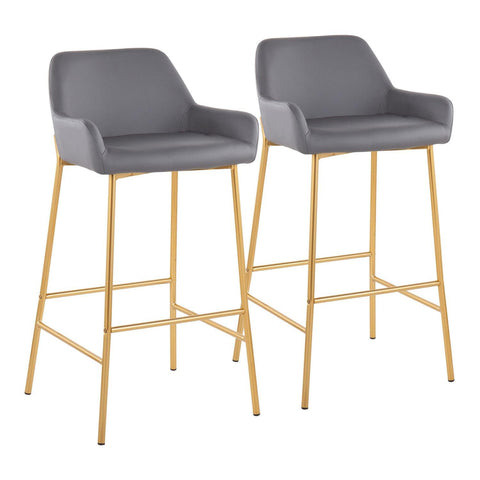 Lumisource Daniella Contemporary/Glam Fixed-Height Bar Stool in Gold Metal and Grey Faux Leather - Set of 2