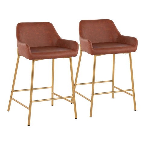 Lumisource Daniella Contemporary/Glam Fixed-Height Counter Stool in Gold Metal and Camel Faux Leather - Set of 2
