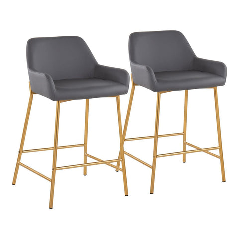 Lumisource Daniella Contemporary/Glam Fixed-Height Counter Stool in Gold Metal and Grey Faux Leather - Set of 2