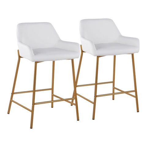 Lumisource Daniella Contemporary/Glam Fixed-Height Counter Stool in Gold Metal and White Faux Leather - Set of 2