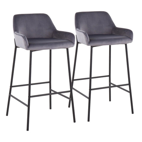 Lumisource Daniella Industrial Fixed-Height Bar Stool in Black Metal and Silver Velvet - Set of 2