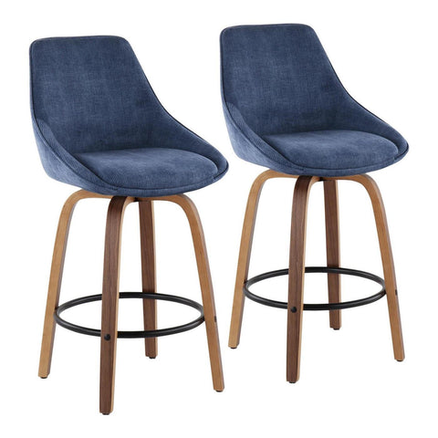 Lumisource Diana Contemporary Counter Stool in Walnut Wood and Blue Corduroy with Black Round Footrest - Set of 2
