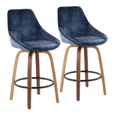 Lumisource Diana Contemporary Counter Stool in Walnut Wood and Blue Velvet with Black Round Footrest - Set of 2