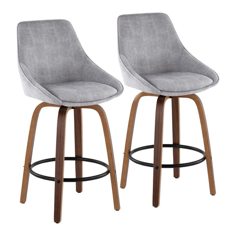 Lumisource Diana Contemporary Counter Stool in Walnut Wood and Grey Corduroy with Black Round Footrest - Set of 2