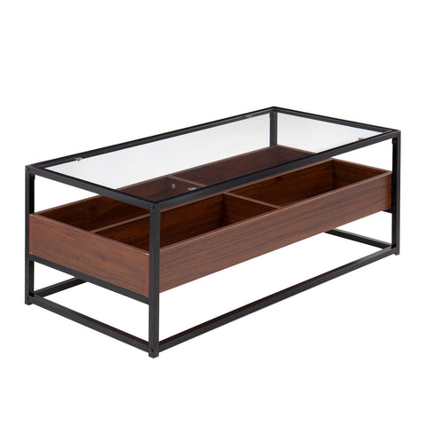 Lumisource Display Contemporary Coffee Table in Black Metal, Walnut Wood, and Clear Glass